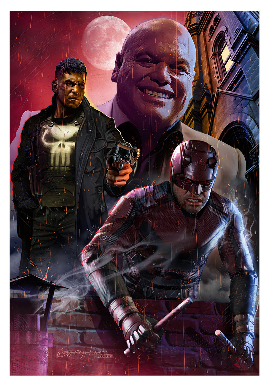 Daredevil Lithograph - Limited & Numbered to 150, featuring television series actors Vincent D'Onofrio, Jon Bernthal, and Charlie Cox
